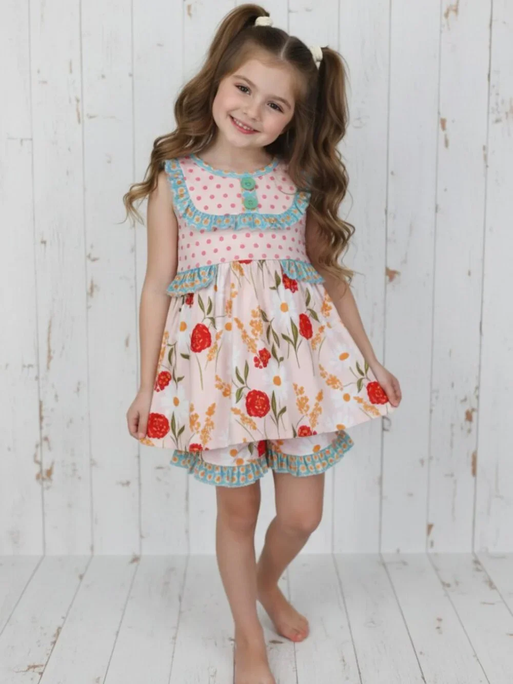 Girl's Flower & Dots Ruffle Short Set